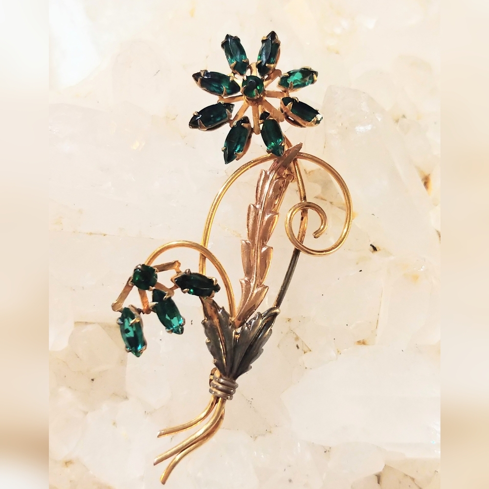Vintage 1930s I. Michelson 12K GF Green Glass Stone Flower Pin Brooch